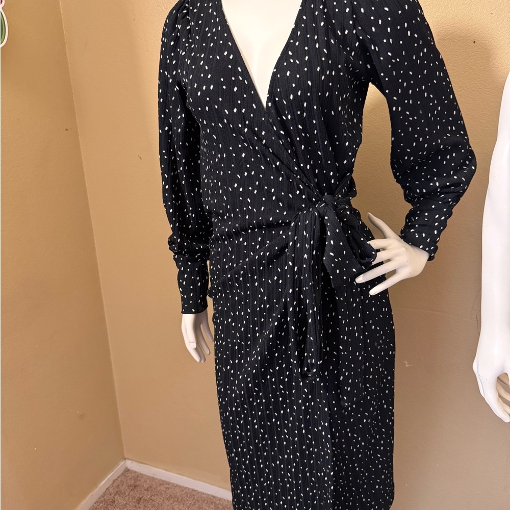 Reserved Black Wrap Midi Dress with White Dot Print